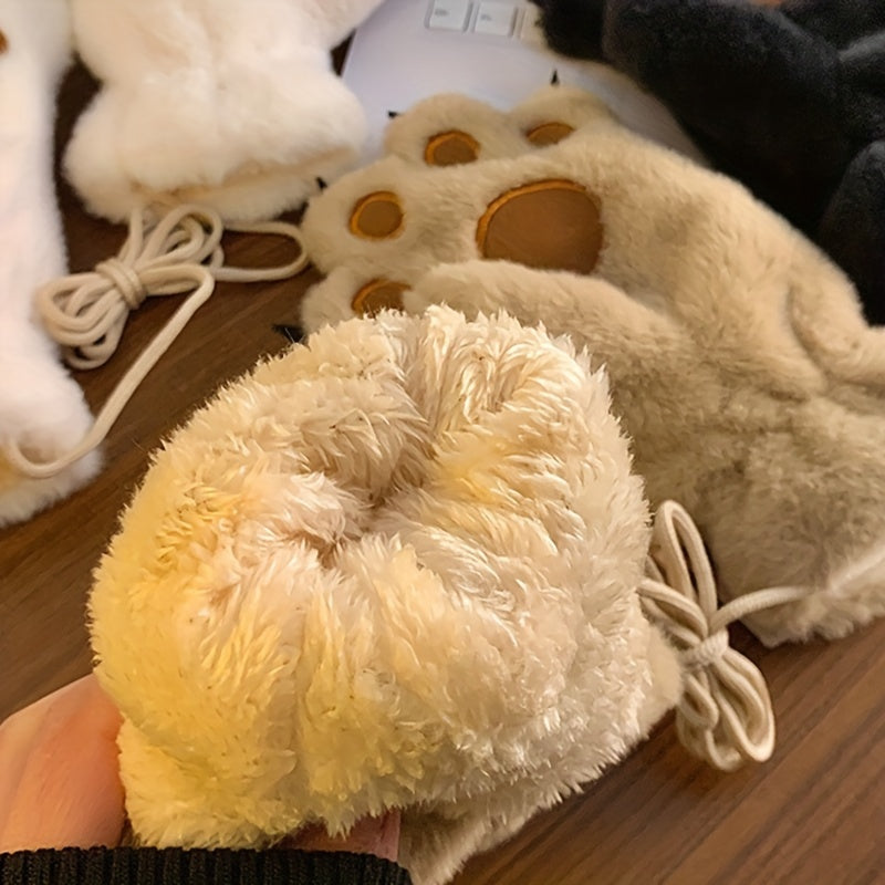Cozy Cat Paw Plush Mittens - Ultra-Warm, Windproof Thick Fleece Gloves with Cute Animal Design for Cycling, Skiing & Outdoor Activities, White with Brown Accents